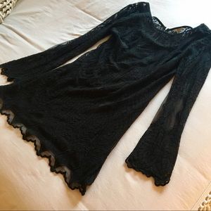 Boho Black Lace Mini Dress with Bell Sleeves